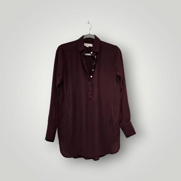 Loft Dress Womens S Burgundy Long Sleeves‎ Pockets Shift Tunic Shirt Collared - Picture 1 of 6